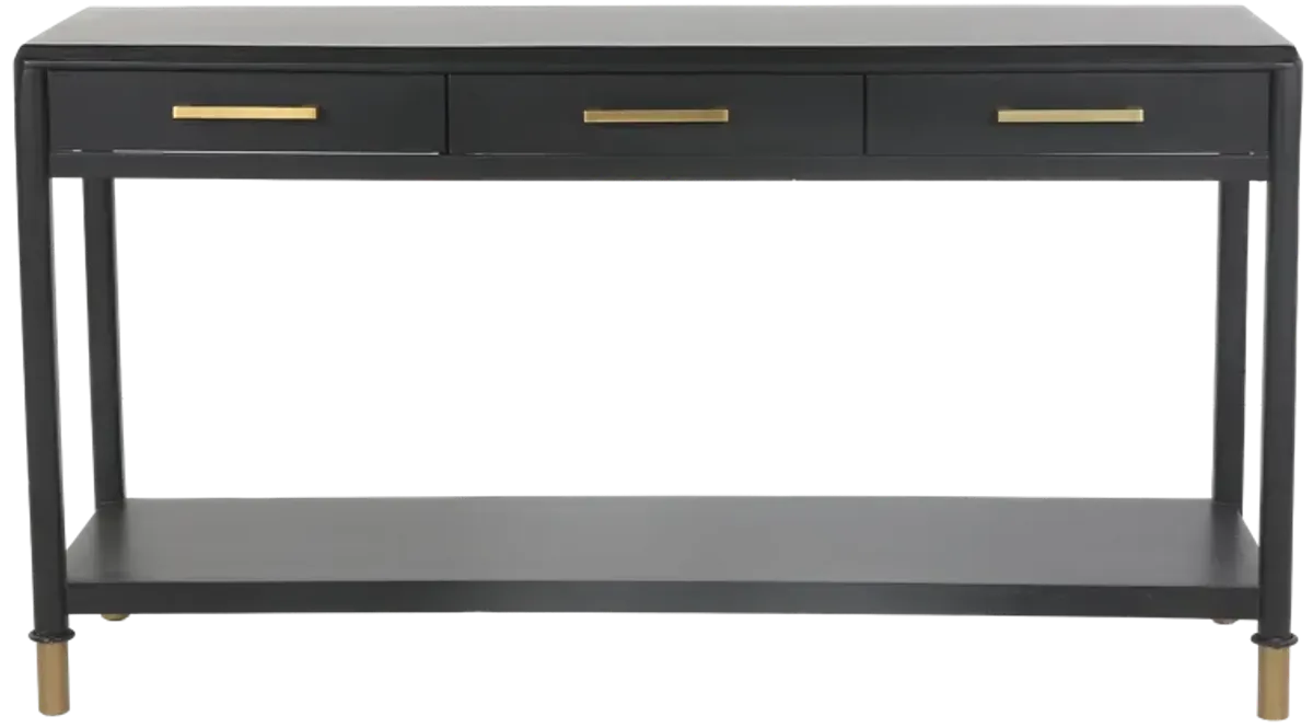Black Modern Console Table with Brass Accents and 3 Drawers