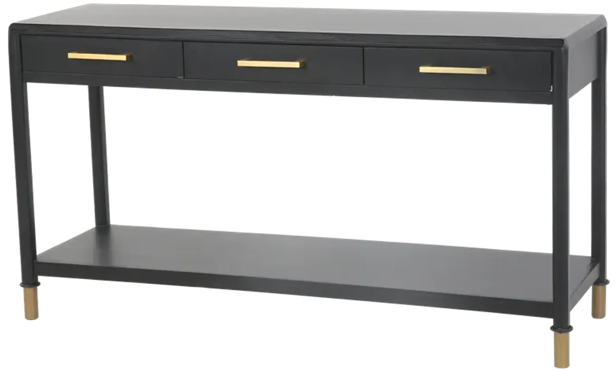 Black Modern Console Table with Brass Accents and 3 Drawers