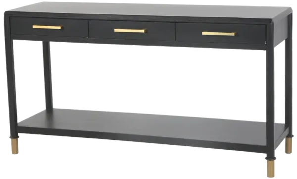 Black Modern Console Table with Brass Accents and 3 Drawers