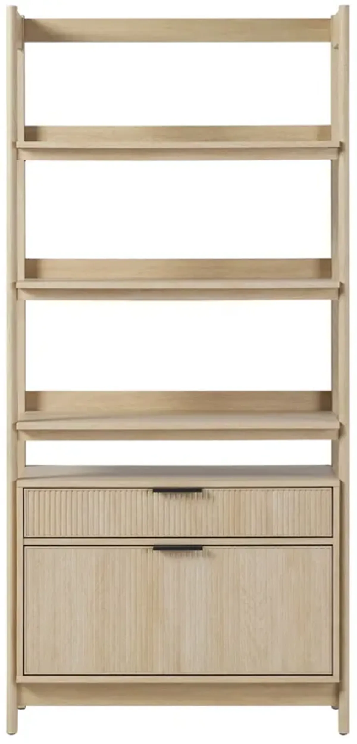 Transitional Wide Reeded Bookshelf With Drawers On Bottom