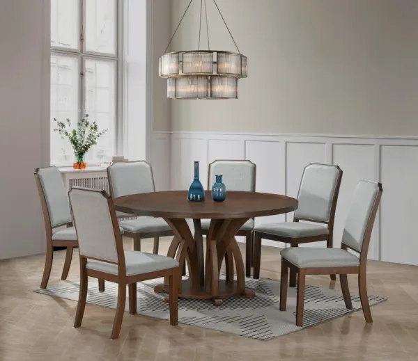7-Piece Walnut Round Dining Set with Upholstered Side Chairs