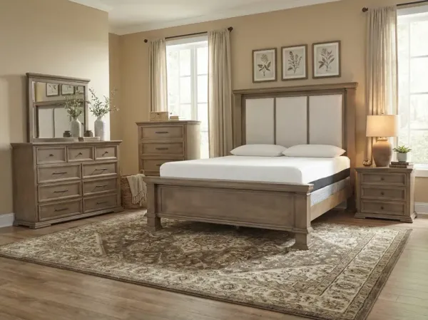 6-Piece Taupe Upholstered Bedroom Set with Dresser, Mirror & Nightstand