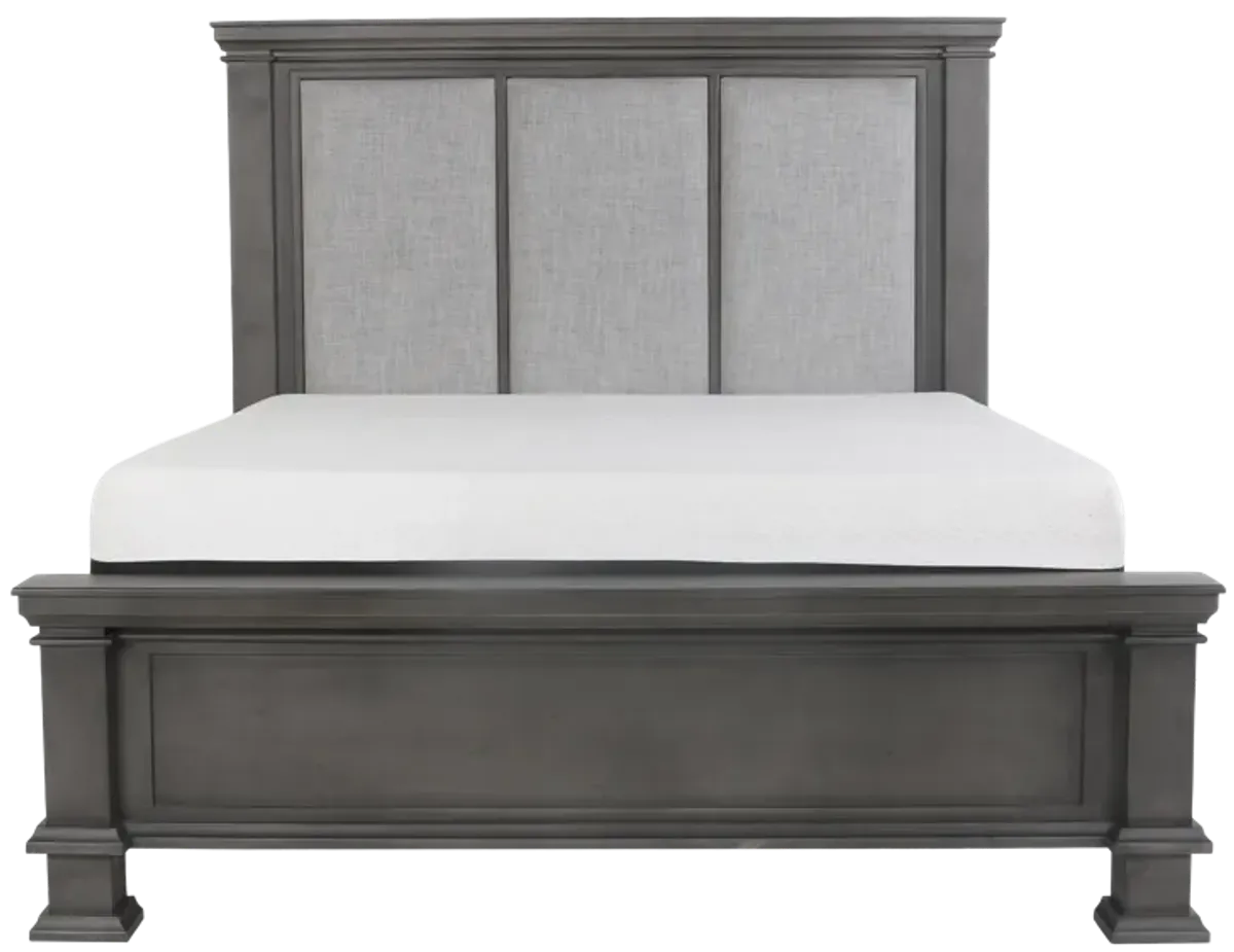 6-Piece Gray Upholstered Panel Bedroom Set with Dresser, Mirror & Nightstand