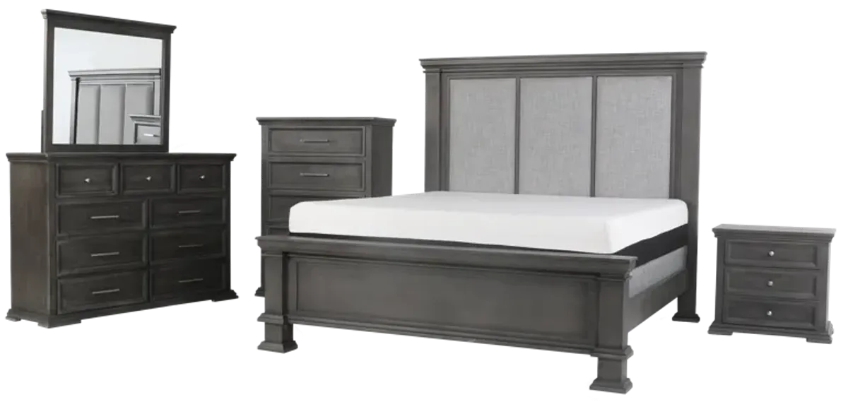 6-Piece Gray Upholstered Panel Bedroom Set with Dresser, Mirror & Nightstand