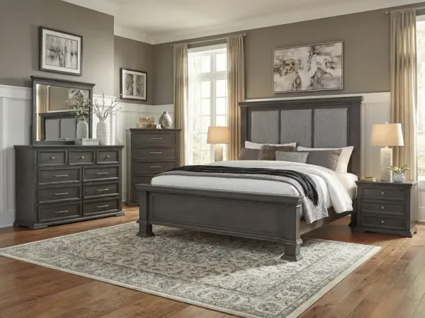 6-Piece Gray Upholstered Panel Bedroom Set with Dresser, Mirror & Nightstand