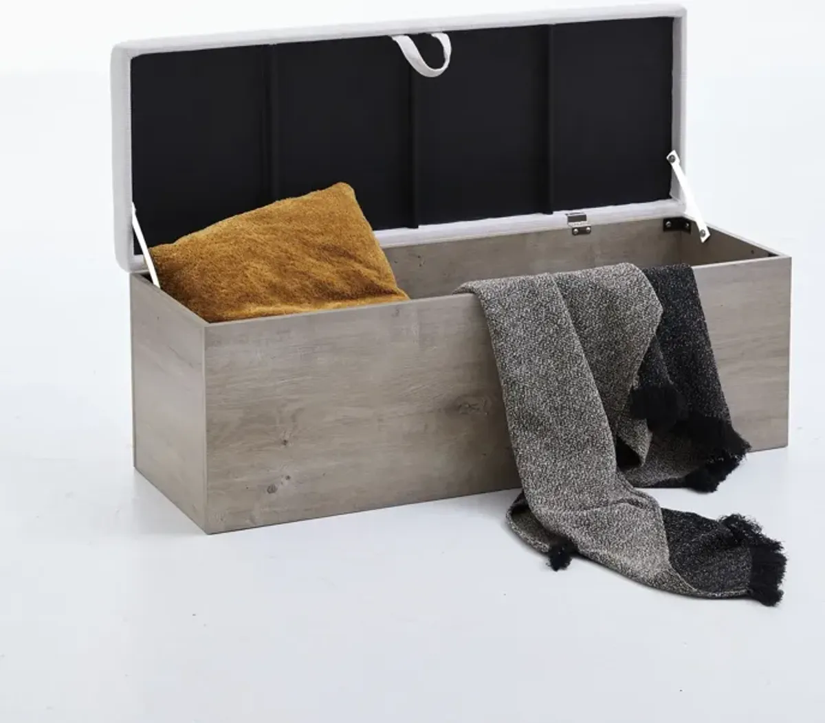 Shelton - Upholstered Flip Top Storage Bench - Ivory / Light Gray / Camel Oak
