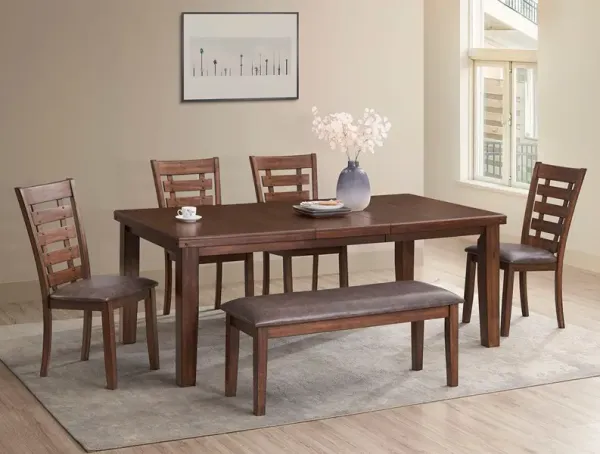 6 Piece Rectangular Dining Set with Bench – Warm Brown Finish