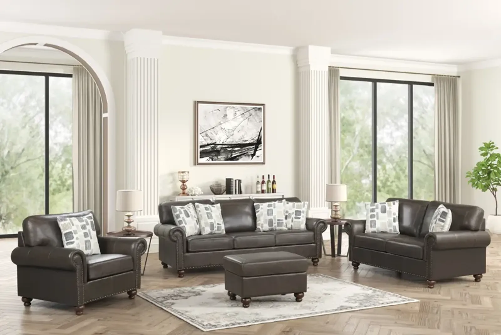 Chocolate Top-Grain Leather 4-Piece Living Room Set with Sofa, Loveseat, Chair & Ottoman