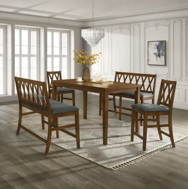 5-Piece Counter Height Dining Set with Bench and Grey Cushioned Seats