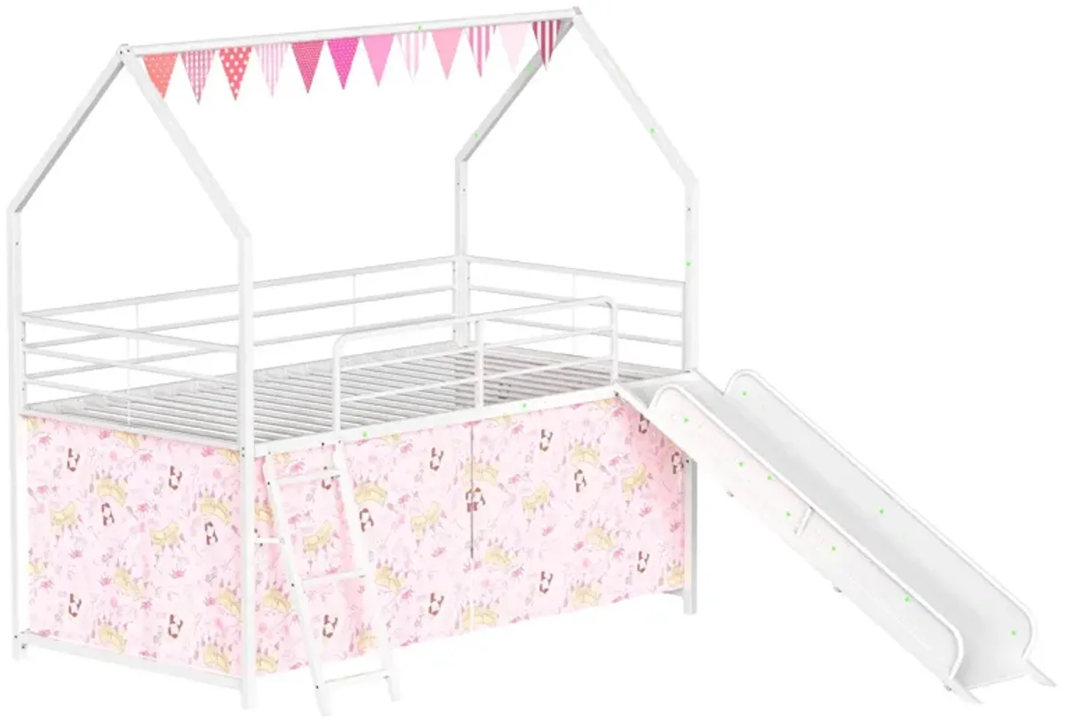 Jack - House Loft Bed With Slide And Curtain Set