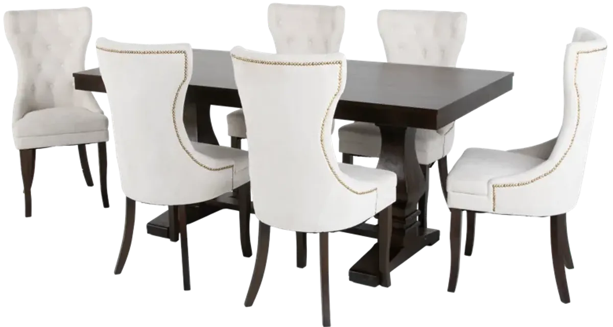 Rustic Brown 7-Piece Trestle Dining Set with Tufted Pearl Chairs