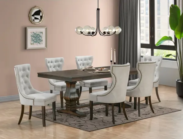 Rustic Brown 7-Piece Trestle Dining Set with Tufted Pearl Chairs