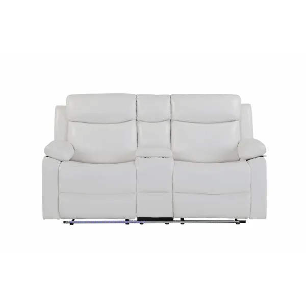 Blanche - Console Reclining Loveseat With LED Lights, Pillow Top Arms, Manual Recline, 2 Cupholders - White