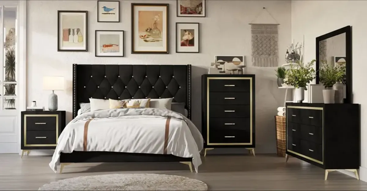 Black & Gold Glam Upholstered Bedroom Set (Bed, Dresser & Mirror, Nightstand)
