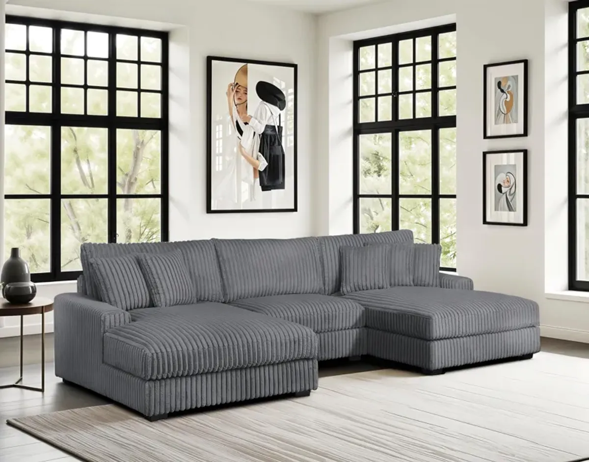 Grey Dual-Chaise 3-Piece Sectional Sofa — Plush Ribbed Fabric