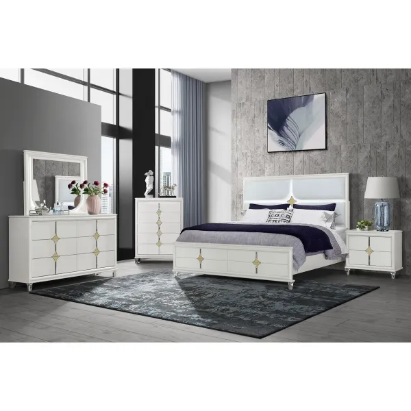 Uriuni - 5 Piece King Bedroom Set With LED Lighting And Panel Headboard - Gold / White
