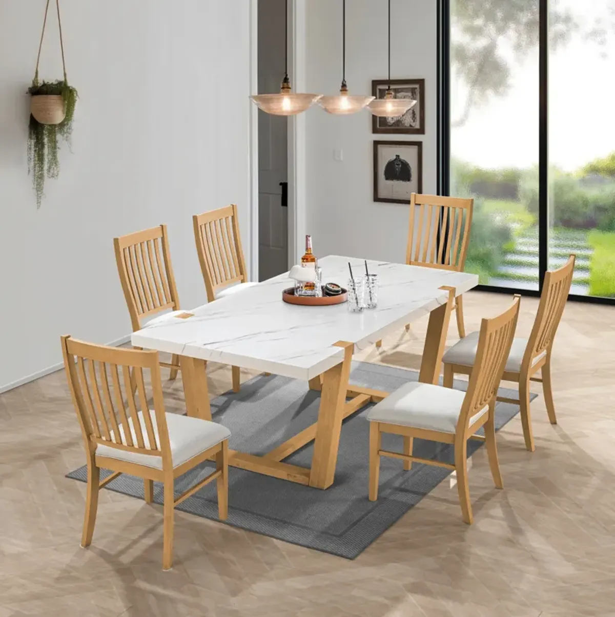 Light Brown 7-Piece Dining Set with Faux-Marble Top & Natural Oak Chairs