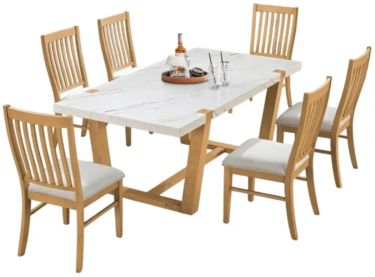 Light Brown 7-Piece Dining Set with Faux-Marble Top & Natural Oak Chairs