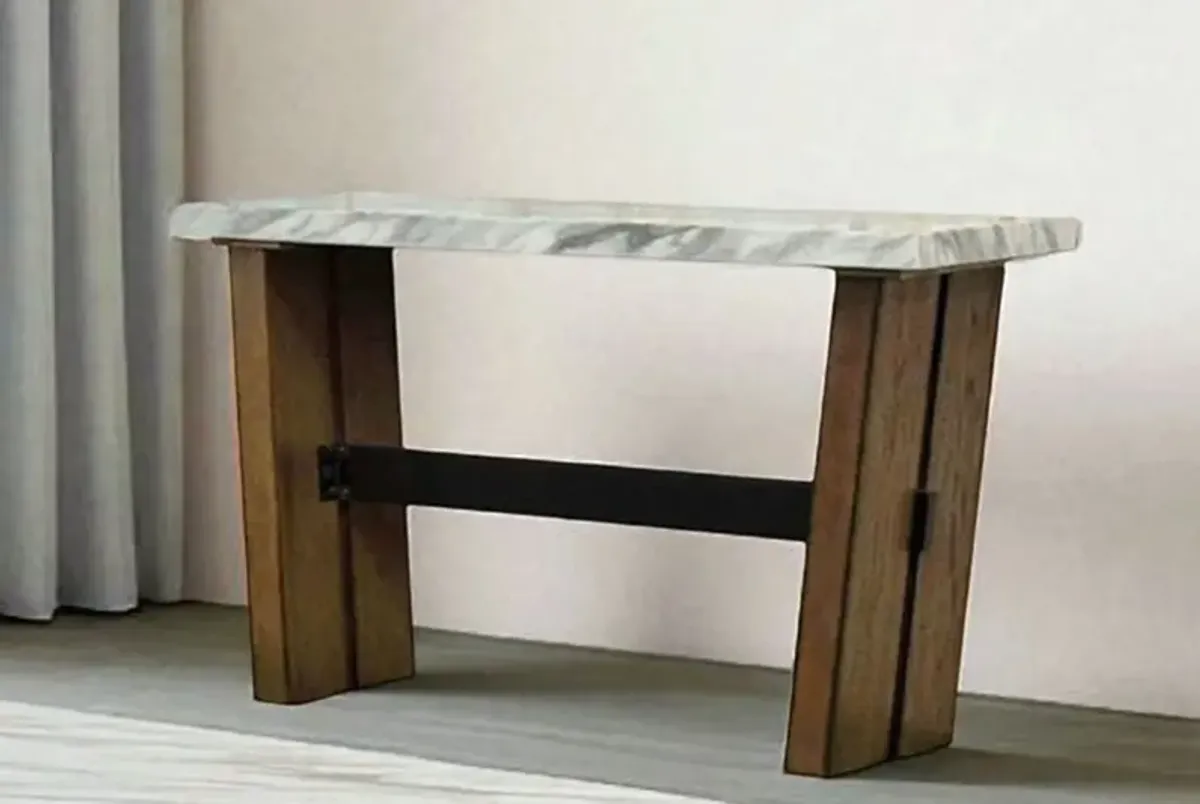 Modern Rustic Sofa Table with Faux-Marble Top & Wood Base