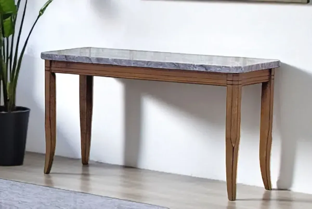 Transitional Sofa Table with Gray Faux-Marble Top & Brown Wood Base