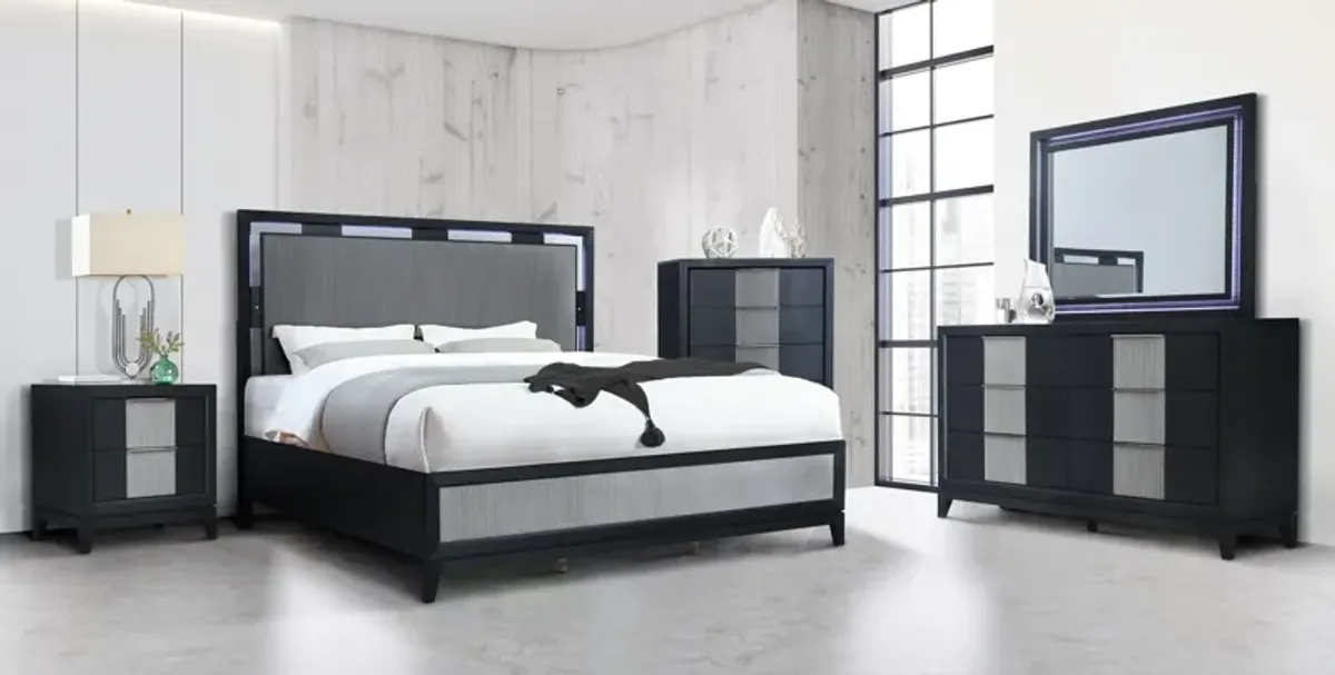 Modern Black 6-Piece Bedroom Set with LED Headboard (Bed, Dresser, Mirror, Nightstand)