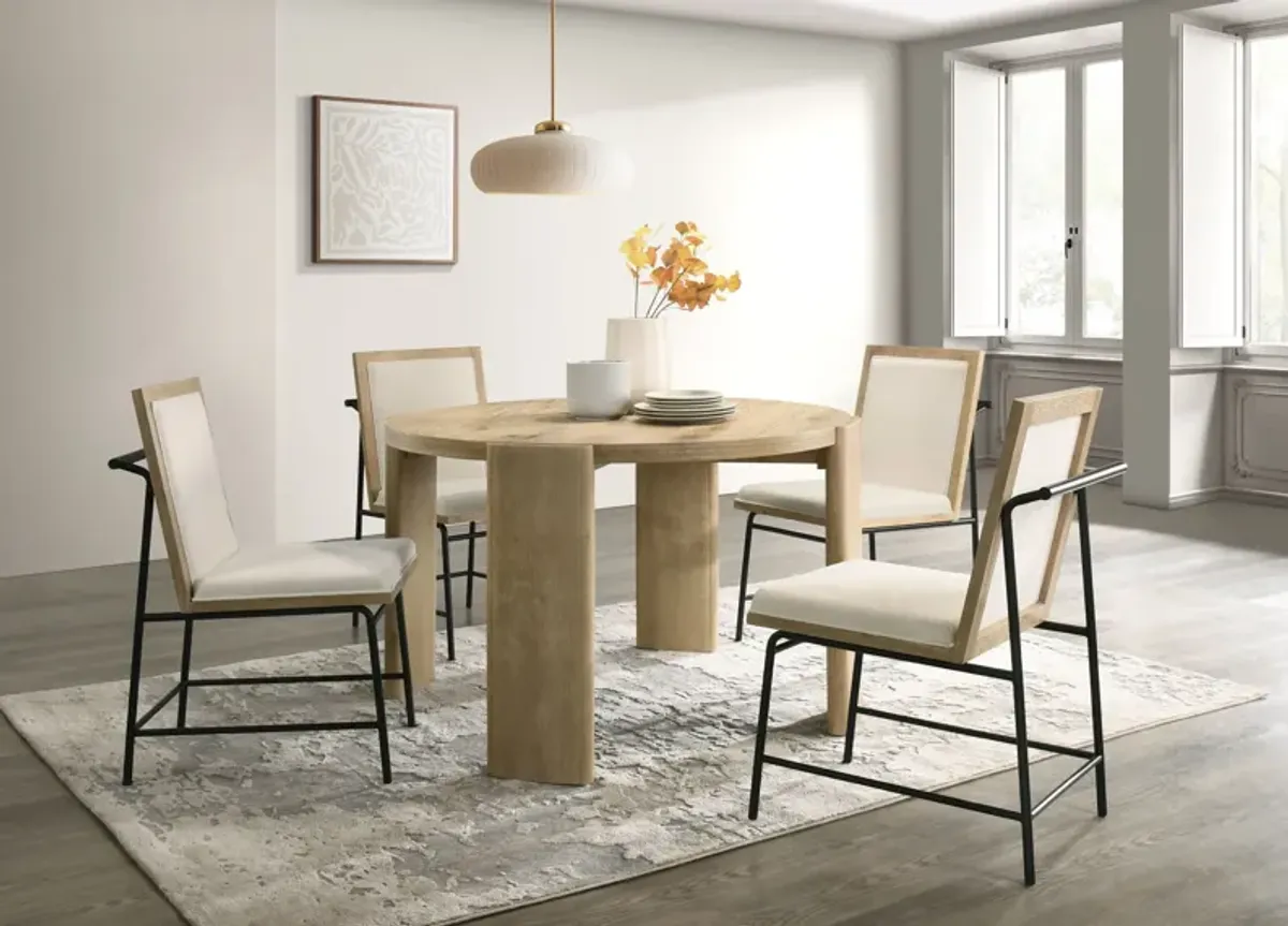 Bowen - Round Dining Table With Cream Color Upholstered Chairs (Set of 5) - Oak Finish