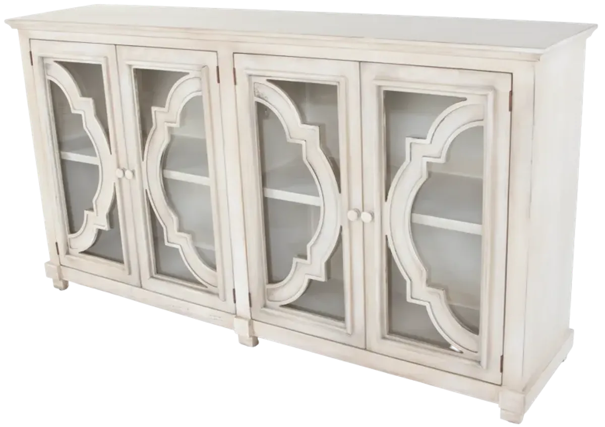 Antique Cream 4-Door Glass Console Table / Accent Cabinet with Shelves