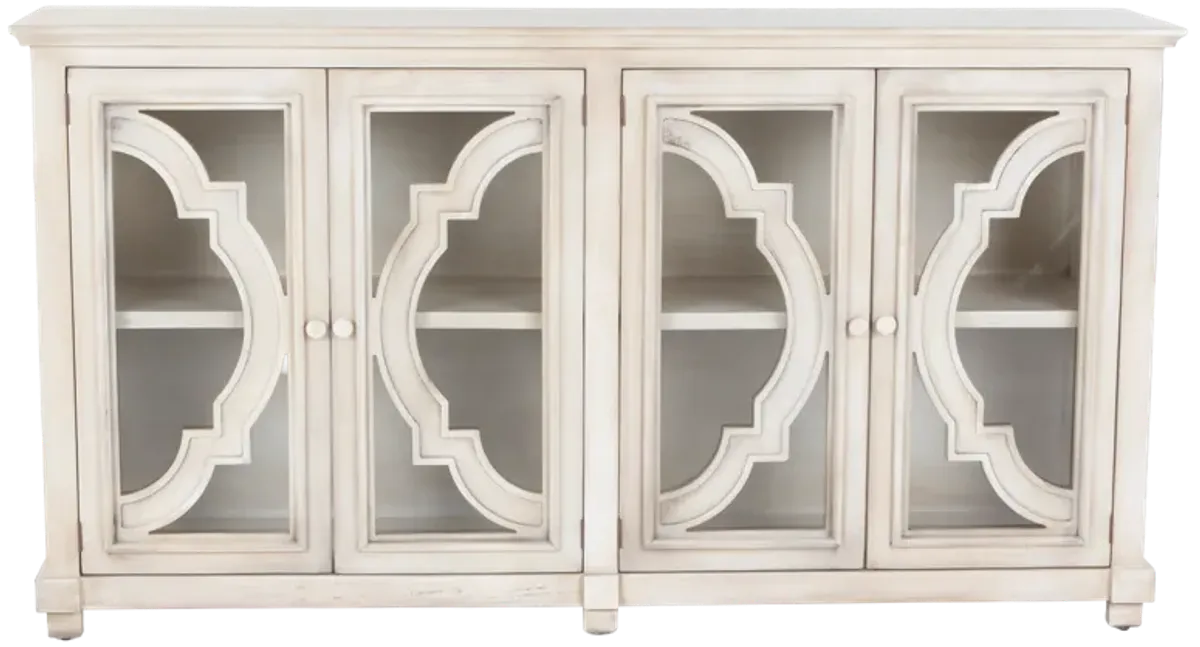 Antique Cream 4-Door Glass Console Table / Accent Cabinet with Shelves