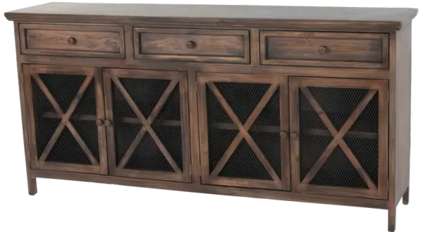 Rustic Brown 4-Door Console Table with Mesh Doors & 3 Storage Drawers