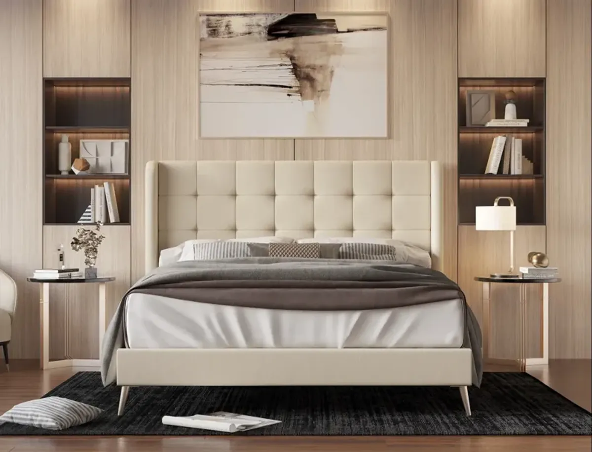 Beige Wingback Tufted Upholstered Bed