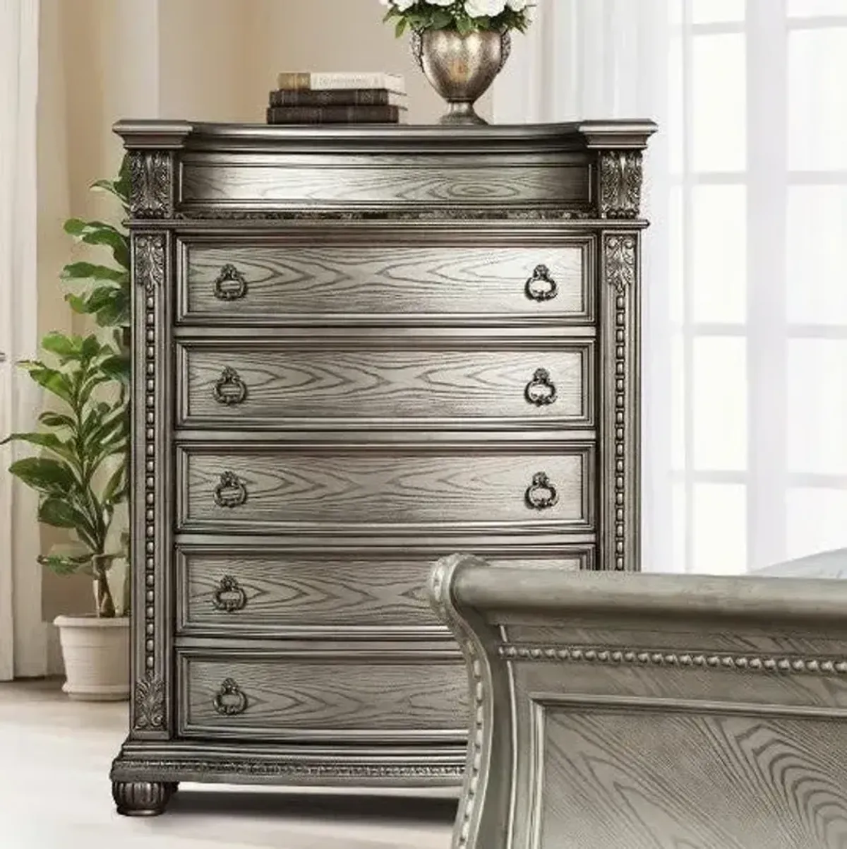 Grey Traditional Carved Chest with Wood Top
