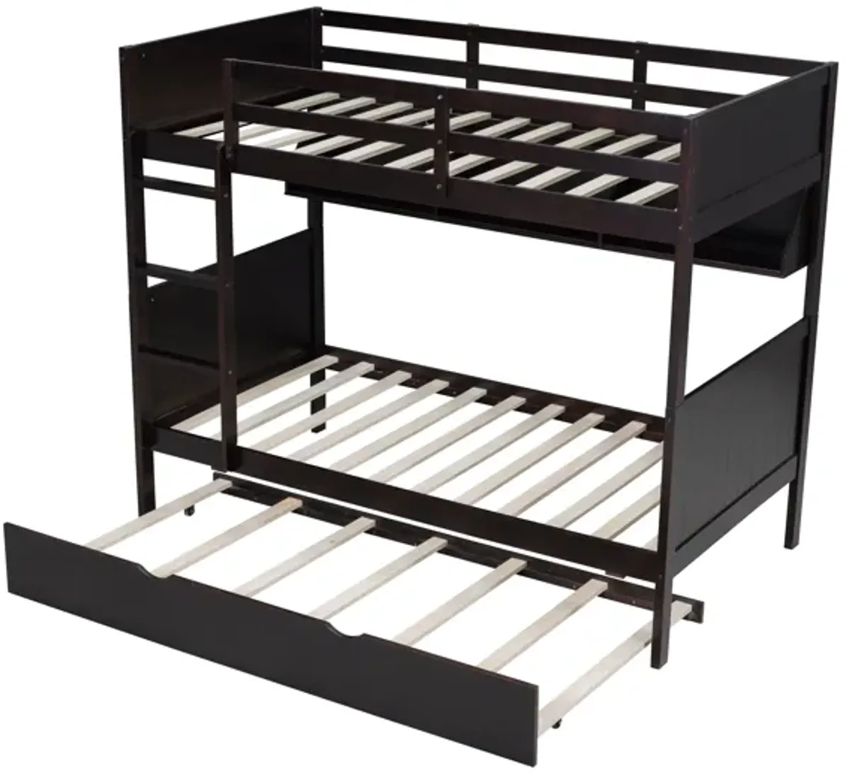 Espresso Twin-Over-Twin Bunk Bed with Bookshelf & Roll-Out Trundle