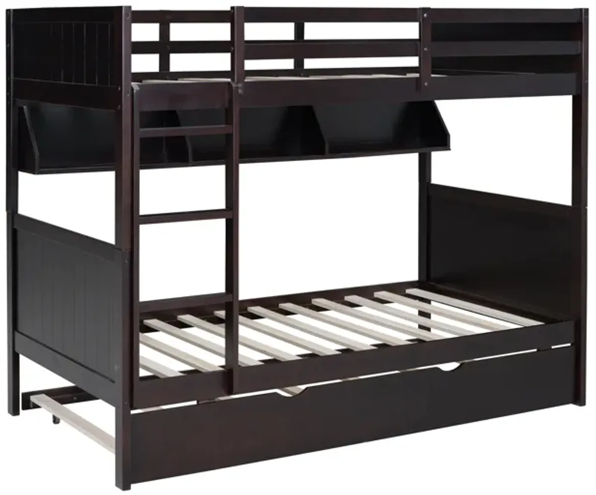 Espresso Twin-Over-Twin Bunk Bed with Bookshelf & Roll-Out Trundle