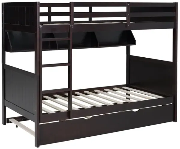 Espresso Twin-Over-Twin Bunk Bed with Bookshelf & Roll-Out Trundle