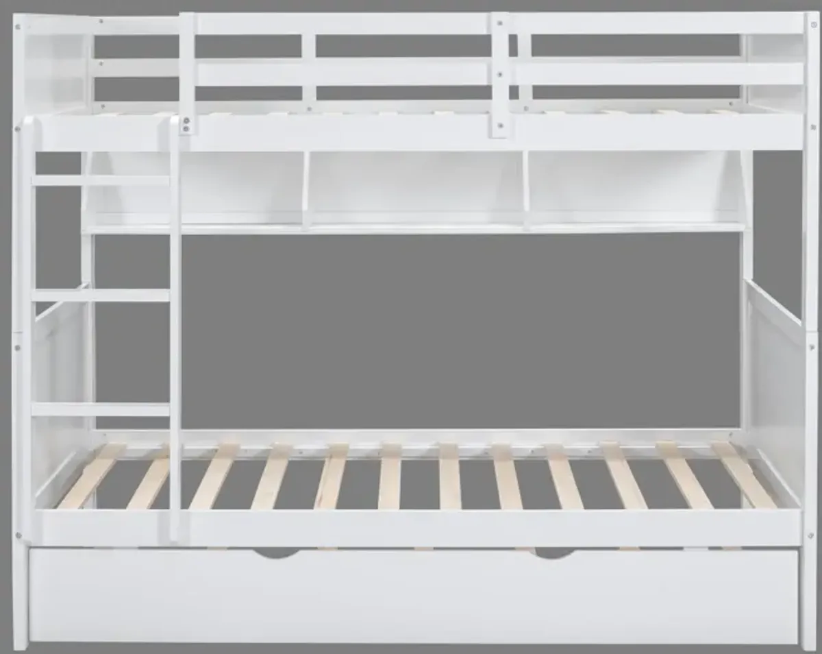 White Twin-Over-Twin Bunk Bed with Bookshelf & Roll-Out Trundle