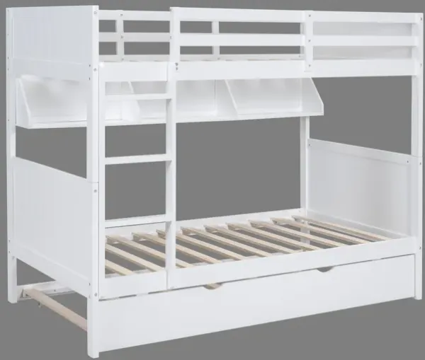 White Twin-Over-Twin Bunk Bed with Bookshelf & Roll-Out Trundle