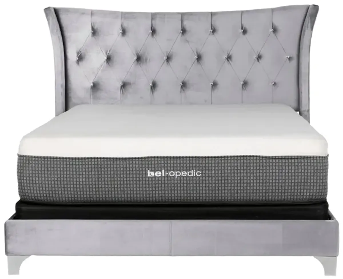 Grey Velvet Wingback Upholstered Bed with Crystal Tufting