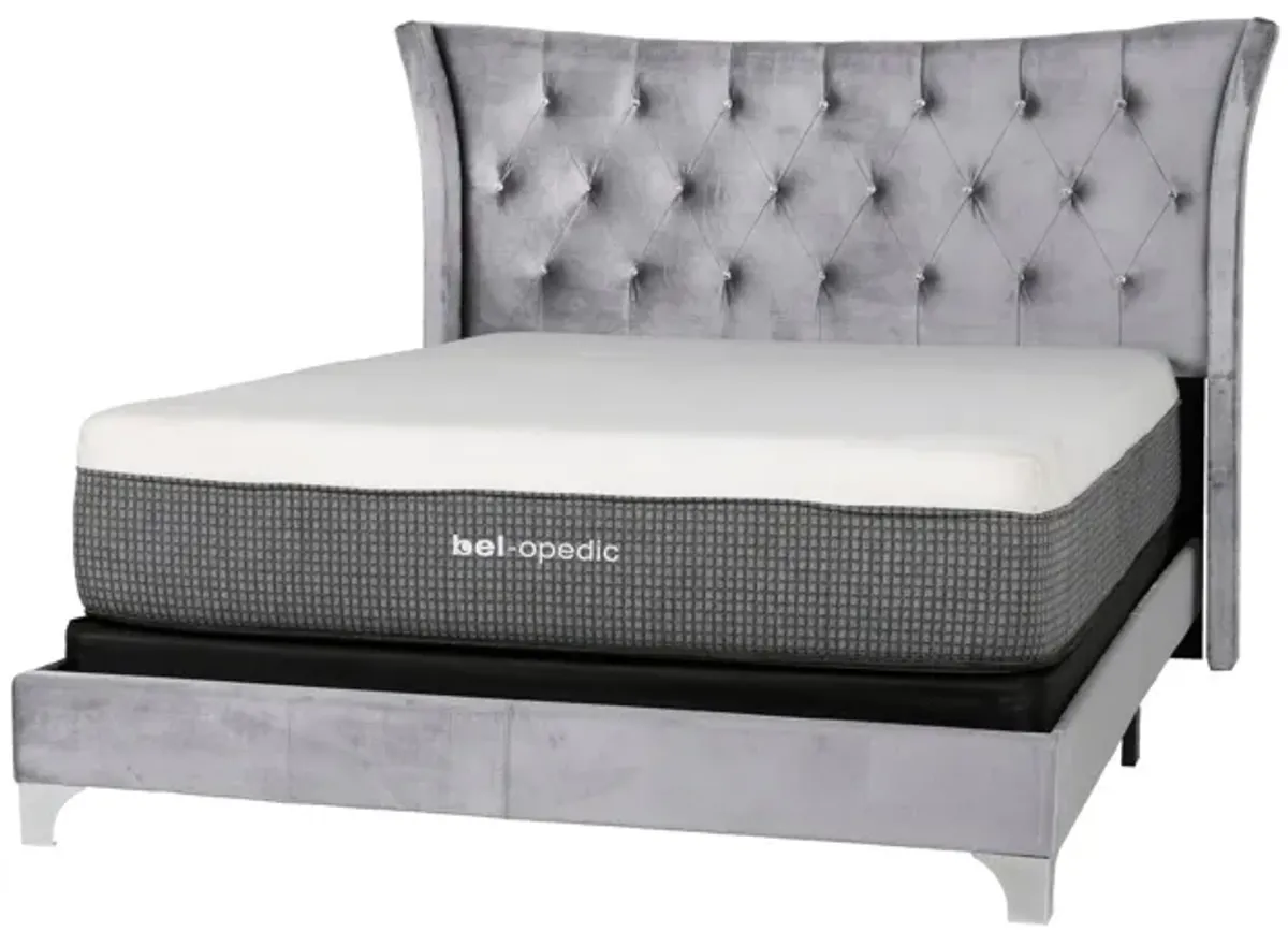 Grey Velvet Wingback Upholstered Bed with Crystal Tufting