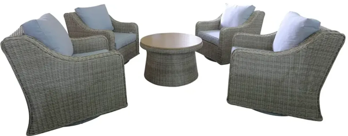 5-Piece Gray Wicker Outdoor Swivel Conversation Set with Round Coffee Table