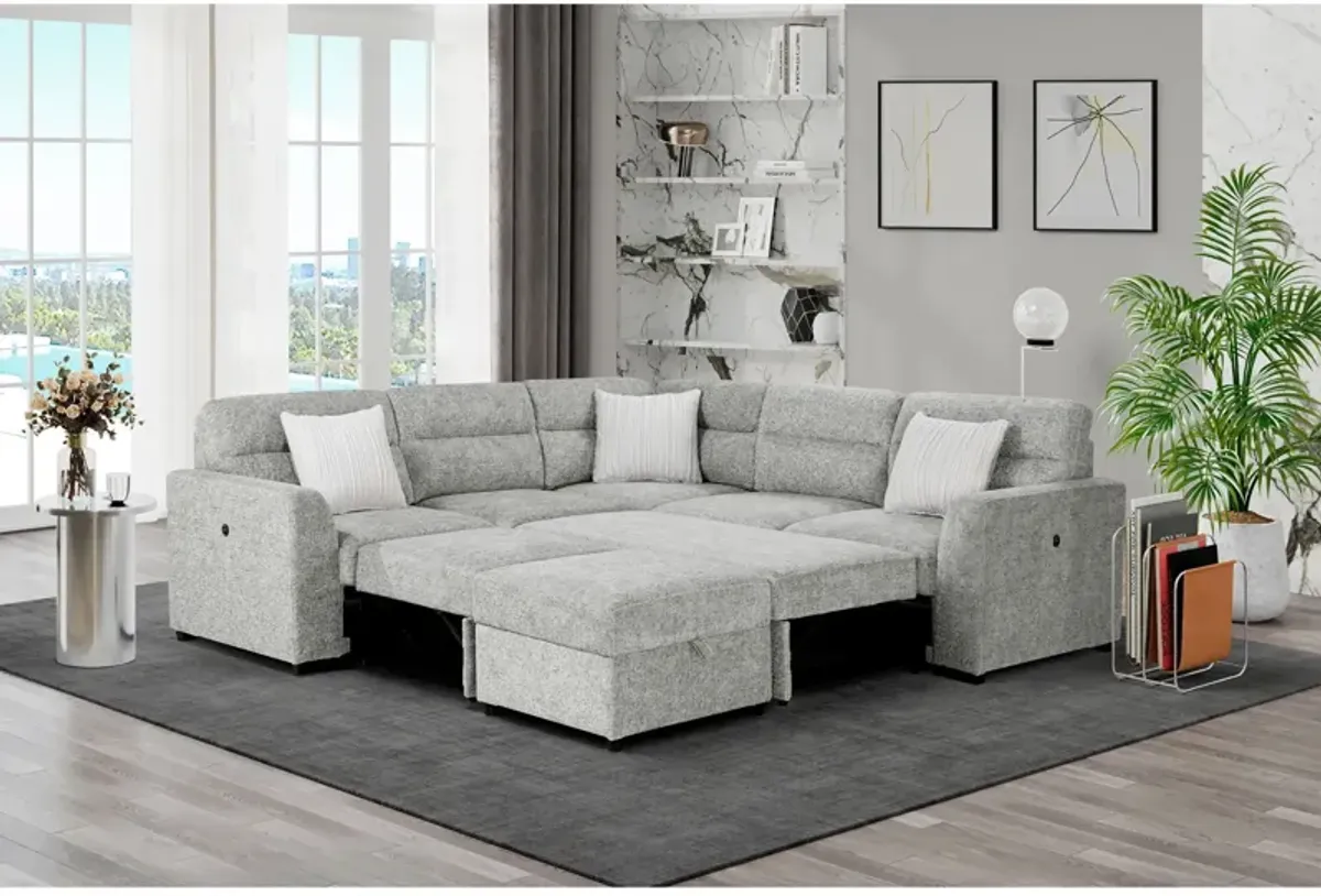 Emiliano - Sectional Sofa With 3 Pillows And Storage Ottoman - Nickel