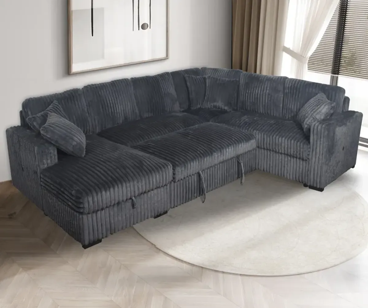 Dark Grey Coduroy 3-Piece Sleeper Sectional with Storage Chaise & USB