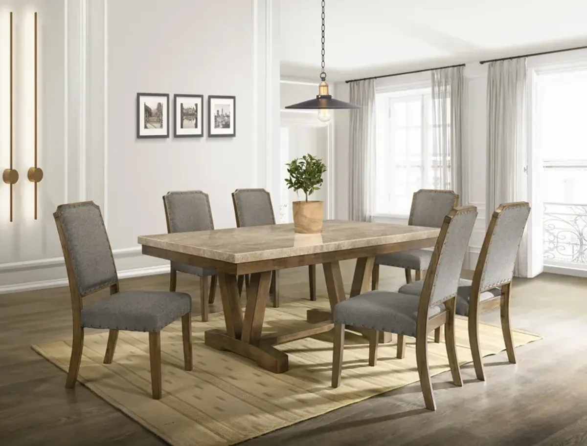 Transitional Golden Flower Marble Top 7-Piece Dining Set in Antique Dark Oak