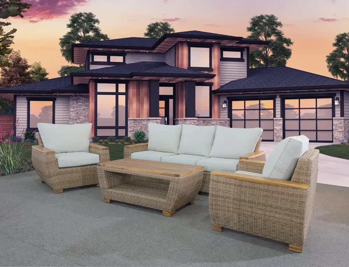 5-Piece Wicker Outdoor Conversation Set with Acacia Coffee Table – Cream Cushions