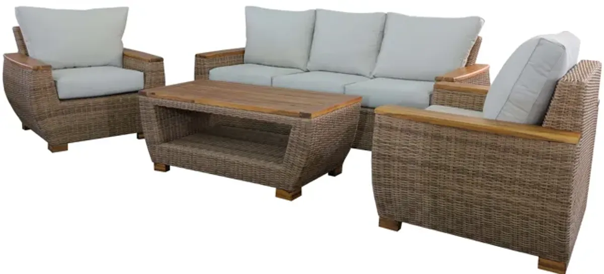 5-Piece Wicker Outdoor Conversation Set with Acacia Coffee Table – Cream Cushions