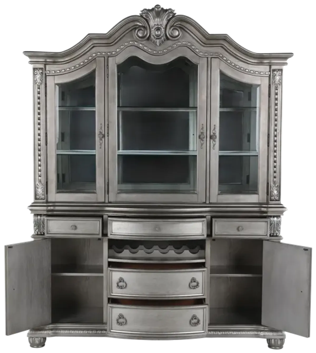Grey Traditional Buffet & Hutch with LED Lighting & Wine Storage