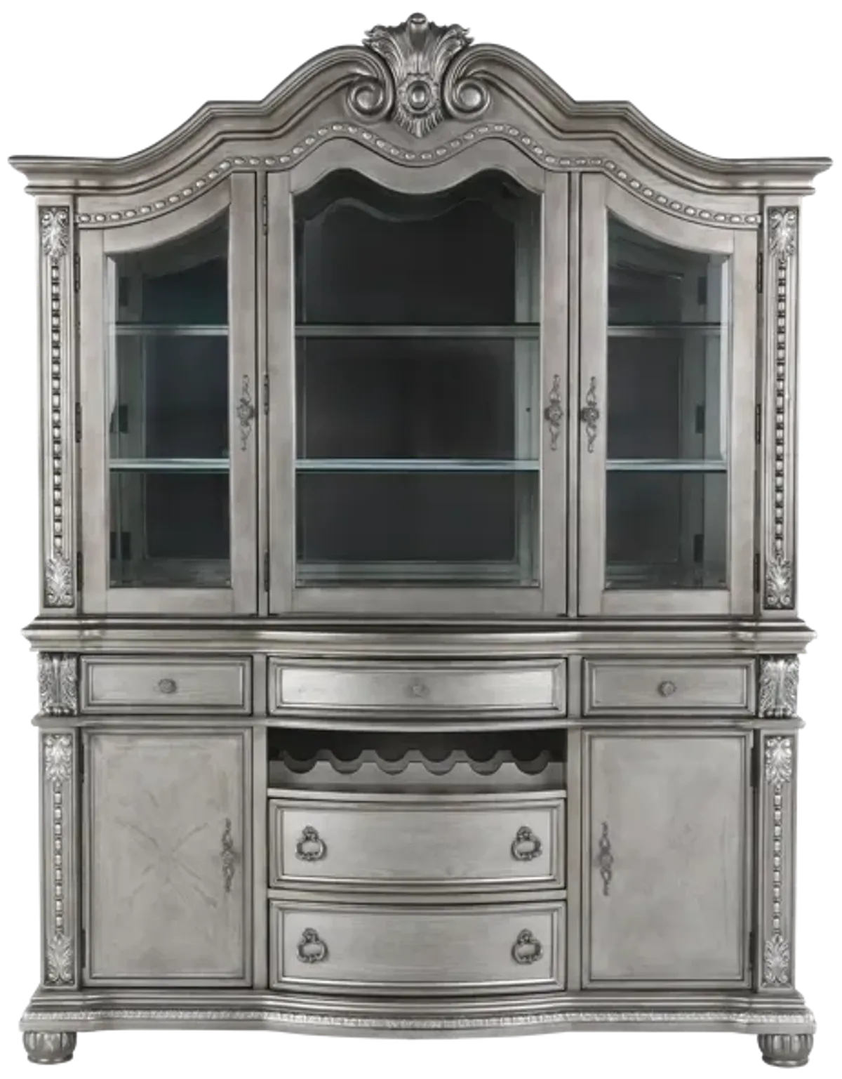 Grey Traditional Buffet & Hutch with LED Lighting & Wine Storage