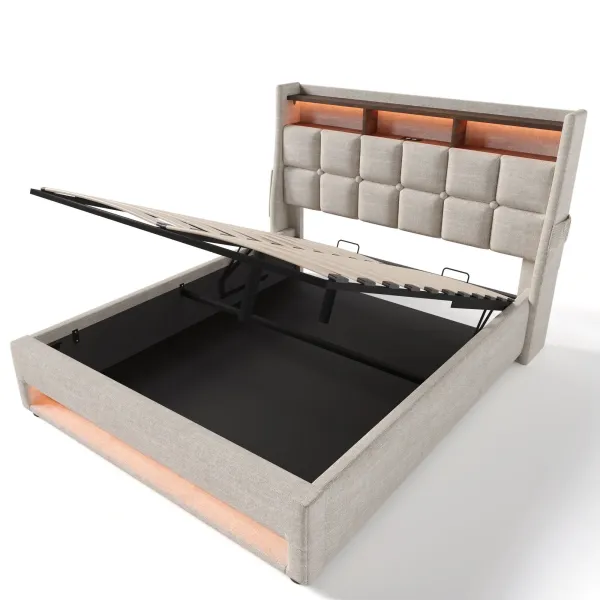 Upholstered Platform Bed With A Hydraulic Storage System, LED And USB Charging (Without Mattress)