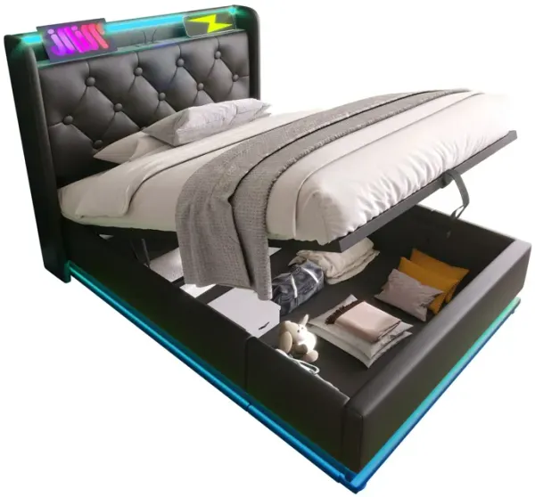 Upholstered Bed, 360 Surround LED Function, Remote Control, Hydraulic Storage Bed With USB, Type-C Charging (Without Mattress)