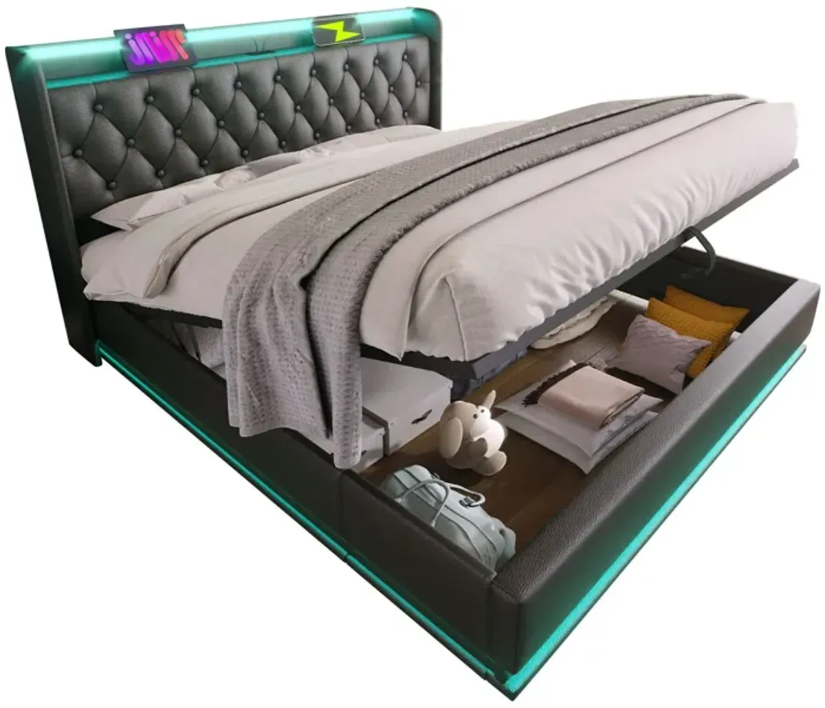 Upholstered Bed, 360 Surround LED Function, Remote Control, Hydraulic Storage Bed With USB, Type-C Charging (Without Mattress)