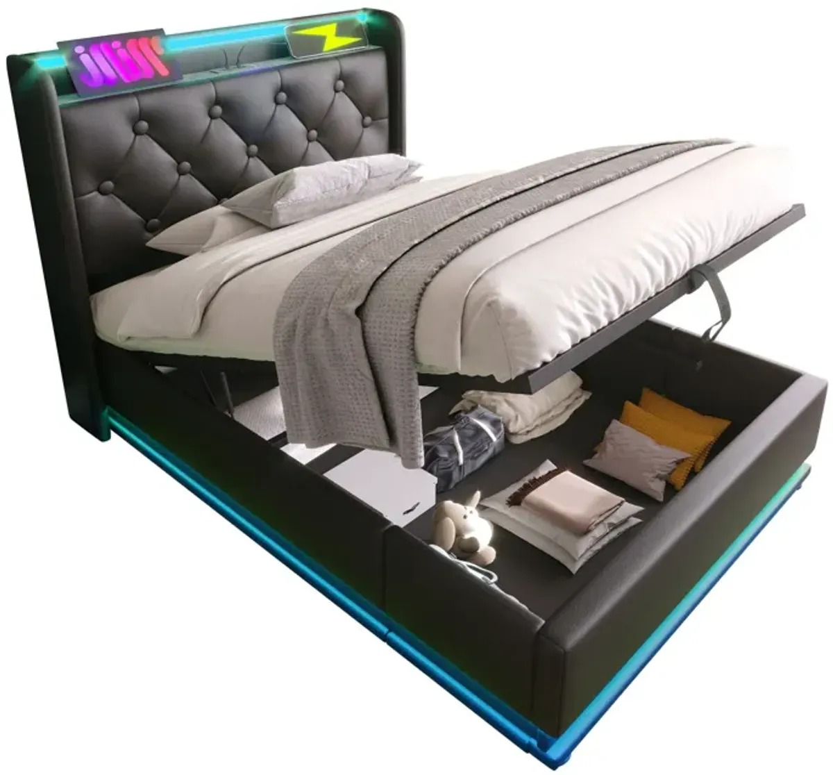 Upholstered Bed, 360 Surround LED Function, Remote Control, Hydraulic Storage Bed With USB, Type-C Charging (Without Mattress)